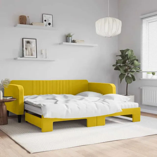 vidaXL Slaapbank onderschuifbed en matrassen 100x200 cm fluweel geel