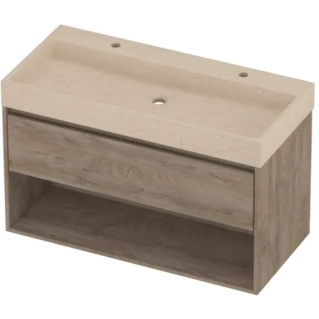Proline Evoli Badmeubelset Hardsteen Loft 2 Kraangaten Met Schap 100x46x62 cm Sand Stone Raw Oak Eiken