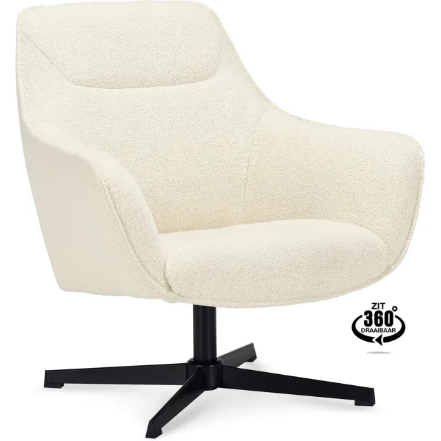 Icon Living Fauteuil Elin 360 - Stof Mose Natural - Poot Zwart Wit