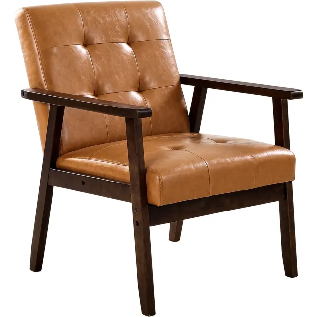 Vevor Mid-Century Modern Accent Chairs Fauteuils Gemaakt Van Pu-Leer Met Massief Houten Frame Karamel + Bruin