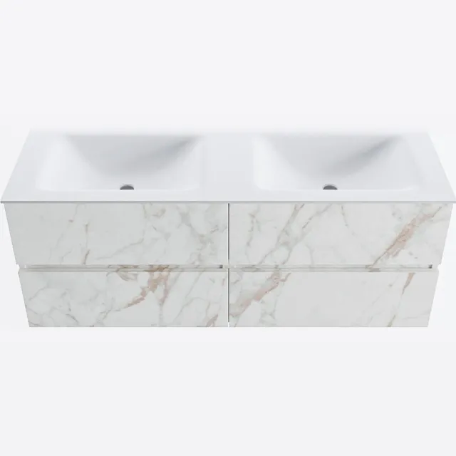 Mondiaz VICA 130cm badmeubel onderkast Carrara 4 lades. Wastafel CLOUD dubbel zonder kraangat, kleur Talc. Cararra