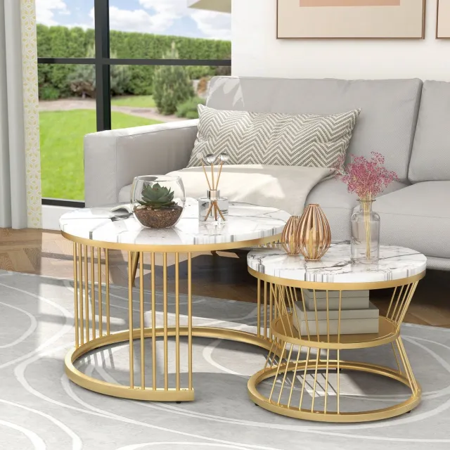 ROSAHQNDA Salontafel set van 2, ronde koffietafel en bijzettafel met marmerlook design, moderne woonkamer tafel met metalen frame, MDF blad, wit