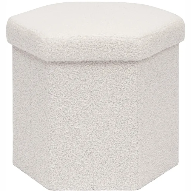 Famanu Opvouwbare poef met opbergruimte, bouclé kruk met deksel, zeshoekige voetenbank voor woonkamer, 43 x 38 x 38 cm, crème