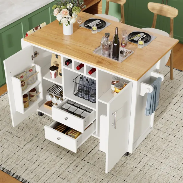 DESMIU Keuken Eiland Dressoir - Opklapbaar Werkblad Met Opbergruimte En Rollen - Voor Keuken En Eetkamer - MDF En Metaal - Wit - 137,9x73x92,2 Cm