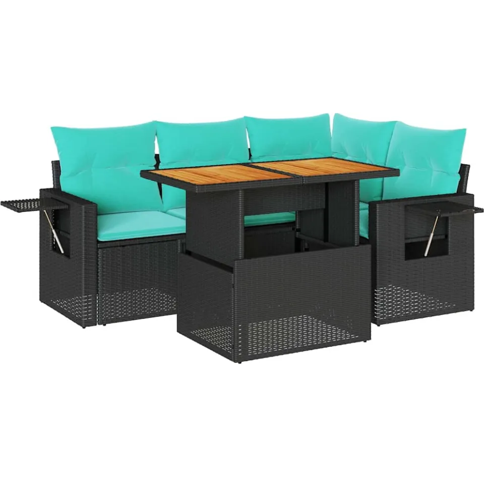 vidaXL 5-delige Loungeset met kussens poly rattan zwart, foto 3