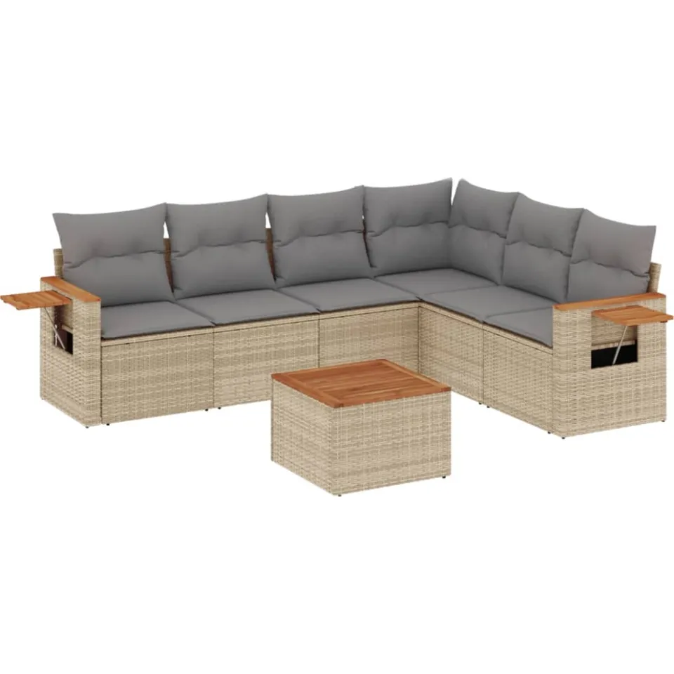 vidaXL 7-delige Loungeset met kussens poly rattan beige, foto 3