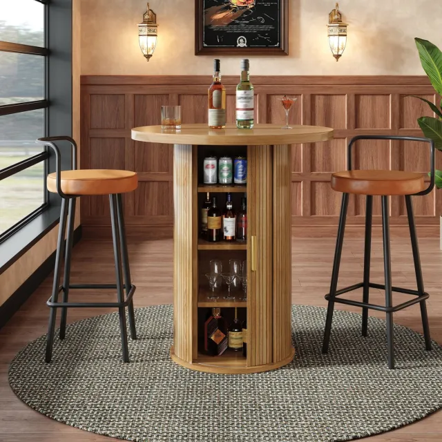 COVREO Ronde bartafel 60x60x91,6 cm – houtlook, met opbergkast en schuifdeur Wood