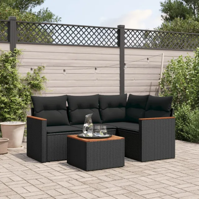 vidaXL 5-delige Loungeset met kussens poly rattan zwart, foto 2