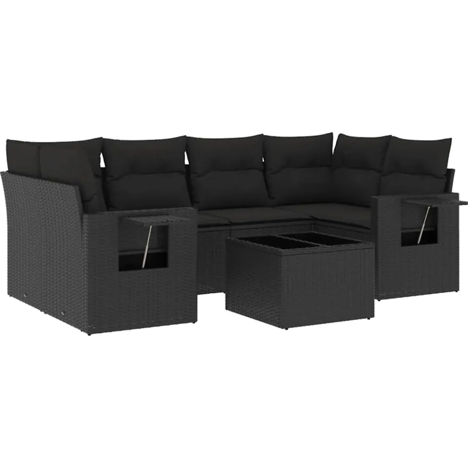 vidaXL 7-delige Loungeset met kussens poly rattan zwart, foto 3