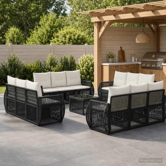 vidaXL Tuinbankenset 13 st 12-zits Zwart en Cream Wit poly rattan, foto 2