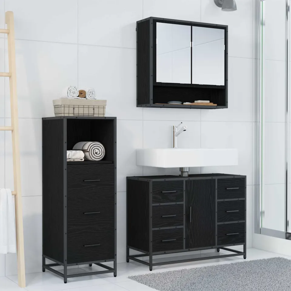vidaXL Badkamermeubelset 3 st Zwart Eiken 80 x 33 x 60 cm Bewerkt hout, foto 4
