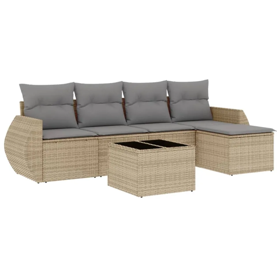 vidaXL 6-delige Loungeset met kussens poly rattan beige