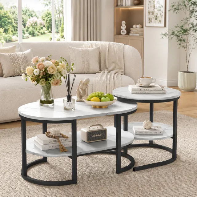 MEXUS Salontafels Set van 2 ovale - 2-in-1 Bijzettafels met opbergruimte, salontafel met marmerlook voor woonkamer, balkon en kantoor - 80/52cm - Zwart