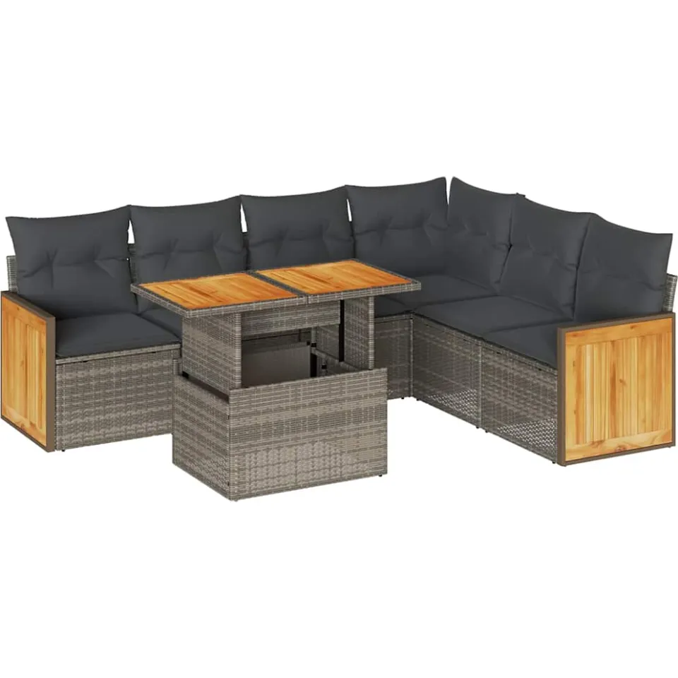 vidaXL 7-delige Loungeset met kussens poly rattan acacia grijs, foto 3