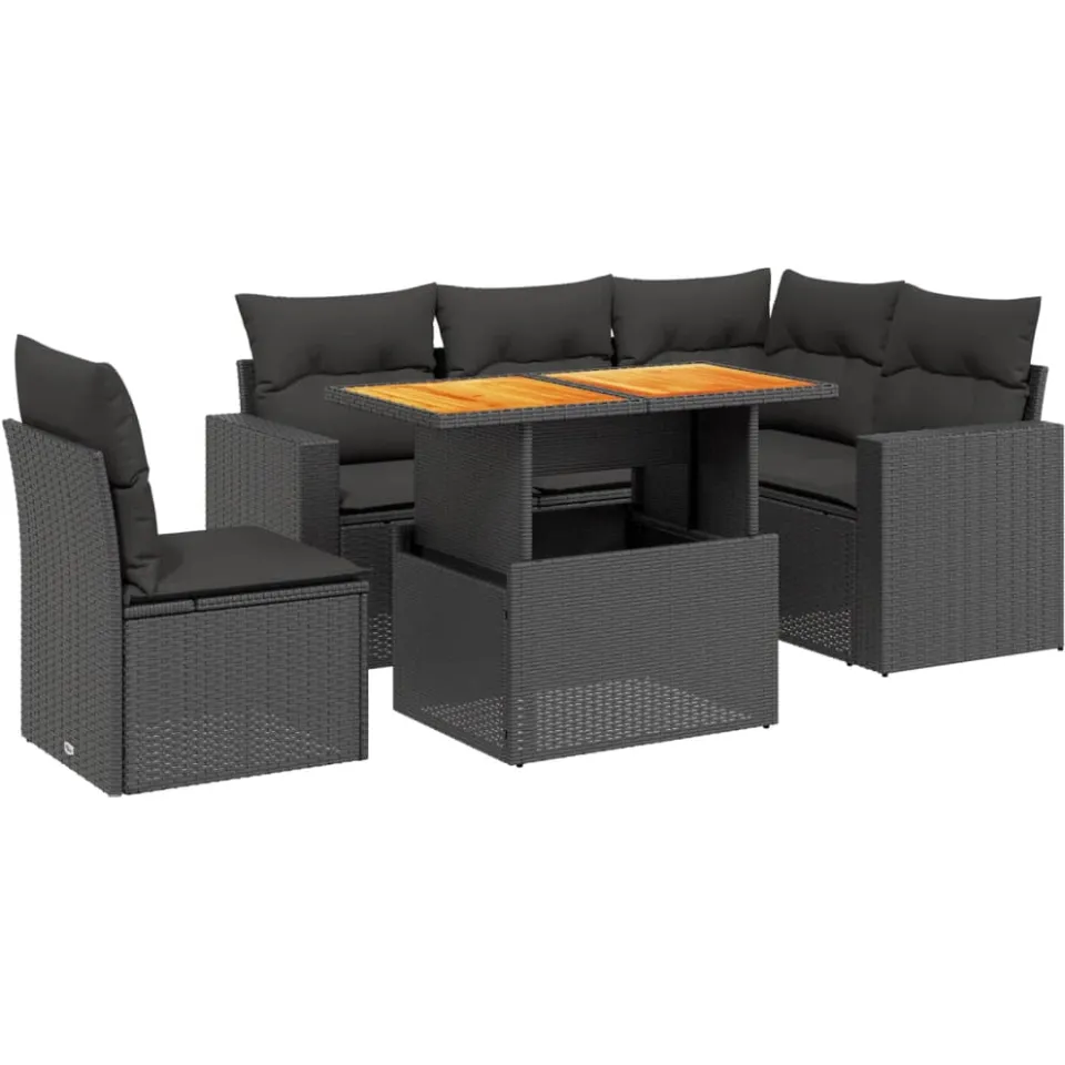 vidaXL 6-delige Loungeset met kussens poly rattan zwart, foto 3