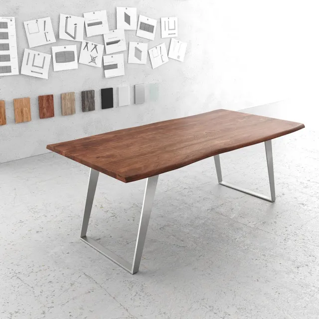 DELIFE Eettafel Edge acacia bruin 200x100 edelstaal schuin Live-Edge