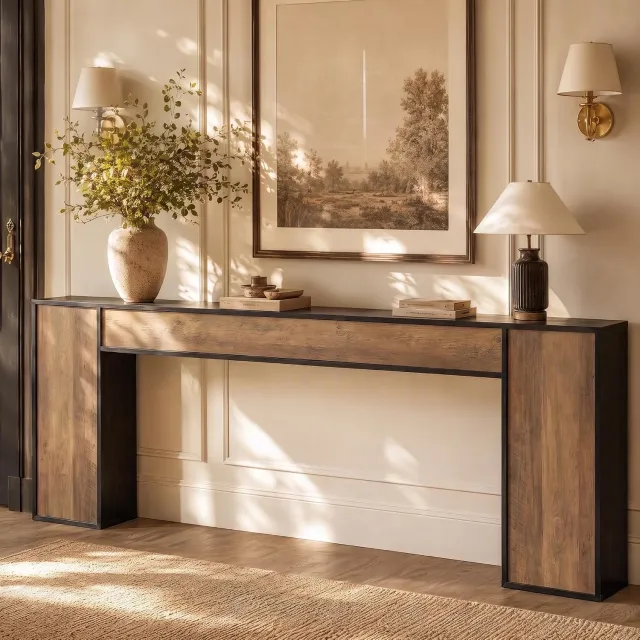 Tribesigns Consoletafel - 220x30x85 cm - smalle Consoletafel met open schappen - Console Tafel voor Hal, Woonkamer, Entree - Rustiek Bruin＆zwart