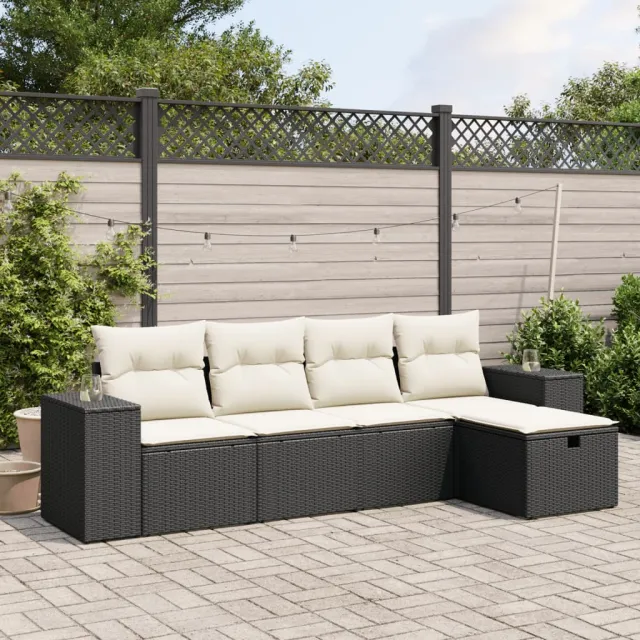 vidaXL 5-delige Loungeset met kussens poly rattan zwart, foto 2