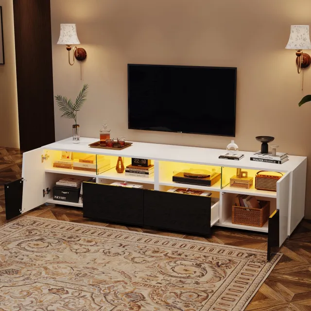 Zubaliya tv meubel Hoogglans Wit-Zwart 180 cm - App-gestuurde LED-verlichting - 2 lades en 2 deuren - Open glasvakken - Geschikt voor 80 inch TV - Modern contrastdesign Wit+Zwart