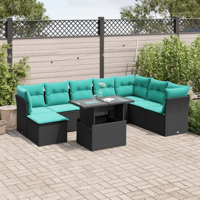 vidaXL 9-delige tuinbankset met kussens van zwart polyrotan, foto 2