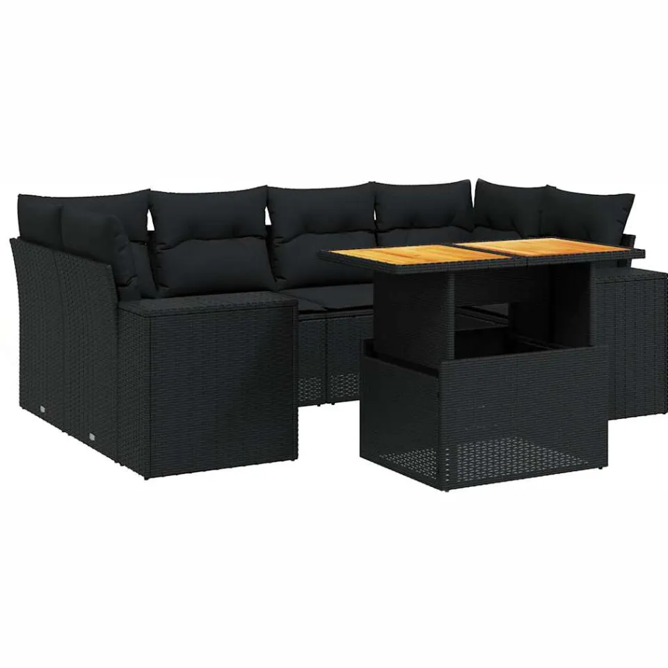 vidaXL 7-delige Loungeset met kussens poly rattan zwart, foto 3