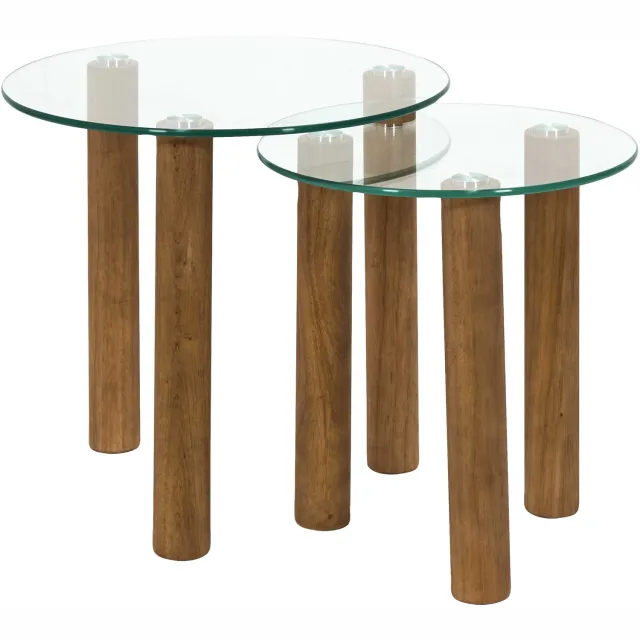 MISOU Bijzettafels - Set van 2 Koffietafeltjes - Rond - Glas - Hout - Bruin - CLARA