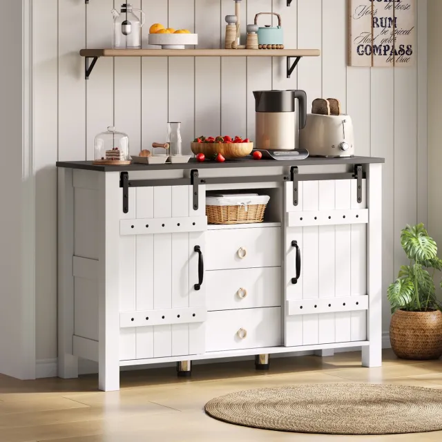 COVREO Buffetkast 120 x 40 x 80 cm - met schuifdeuren, 3 lades en opbergruimte, wit