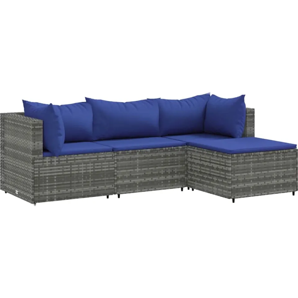 vidaXL 4-delige Loungeset met kussens poly rattan grijs, foto 3