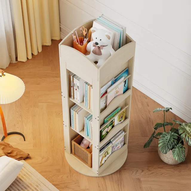 OKWISH Boekenkast - 360 Graden Draaibaar - Voor Kinderkamer En Woonkamer - MDF Naturel - 142×63×63 cm - 4 Niveaus Natuurlijk