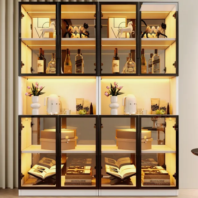 DESMIU Vitrinekast Set van 2 - Glazen Deuren en Ledverlichting - Voor Woonkamer en Eetkamer - Wit MDF en Grijs Glas - 140 x 30 x 170 cm Wit, zwart en grijs