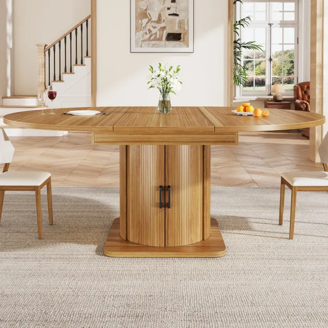 HAUSS SPOLE Eettafel - Uitschuifbaar Rond Naar Ovaal Met Opbergruimte - Voor Keuken En Eethoek - MDF - 118-158x118x76 Cm Zwartbruin