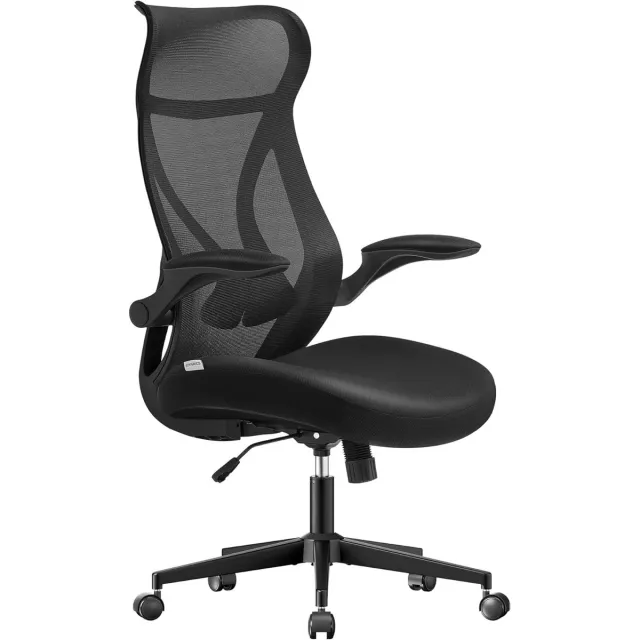 Songmics Bureaustoel, ergonomische rugleuning, in hoogte verstelbaar, opklapbare armleuningen, draaistoel met hoofdsteun, tot 150 kg belastbaar, inktzwart OBN088B01