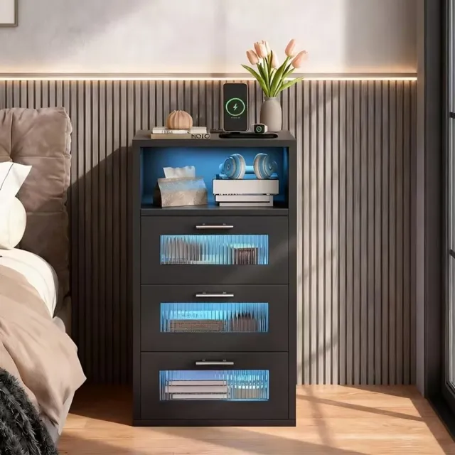 J.T.R Nachtkastje met USB-oplaadfunctie- LED-verlichting, Zwart-3 lades.