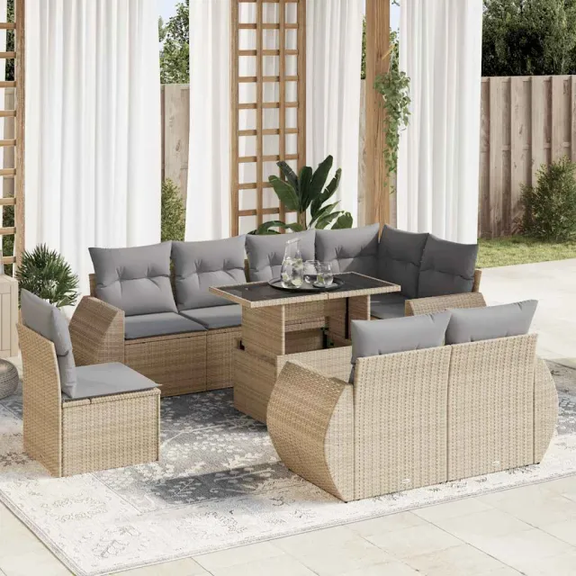 vidaXL 9-delige Loungeset met kussens poly rattan beige, foto 2