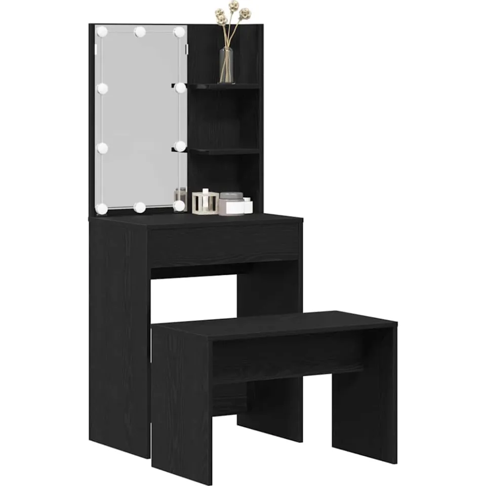 vidaXL LED Make-up Tafel Set 2 st Zwart Eiken 60 x 40 x 140 cm