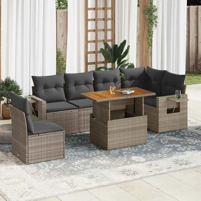 vidaXL 7-delige Loungeset met kussens poly rattan grijs, foto 2