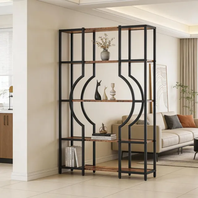 MEUNIQ Boekenkast 100 x 30 x 176 cm - Open kast met 5 niveaus, zwart metalen frame en rustiek bruine houtlook planken voor woonkamer of werkkamer