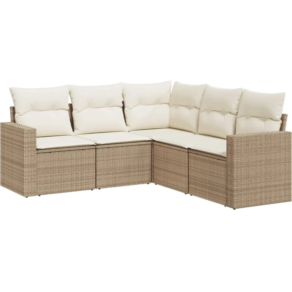 vidaXL 5-delige Loungeset met kussens poly rattan beige, foto 3