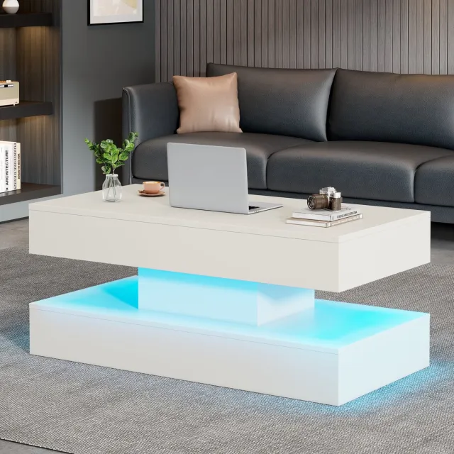 Merax Modern salontafel met LED-verlichting en verborgen opbergruimte - hydraulisch verstelbaar bijzettafeltje - 100*50*42 cm Wit