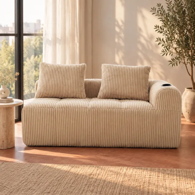 WUVRIE 2-zitsbank 158x93x61 cm - Ribfluweel met zijvakken en bekerhouders - Khaki
