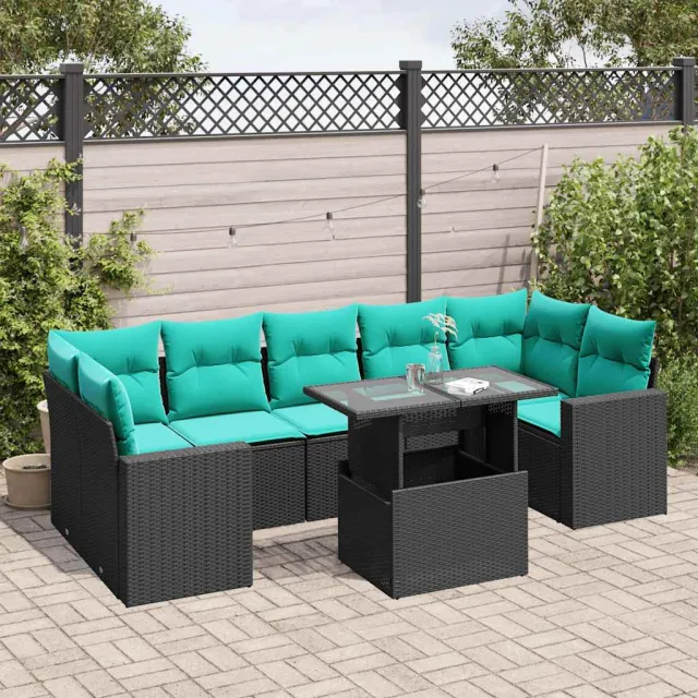vidaXL 8-delige tuinbankset met kussens, zwart polyrotan, foto 2