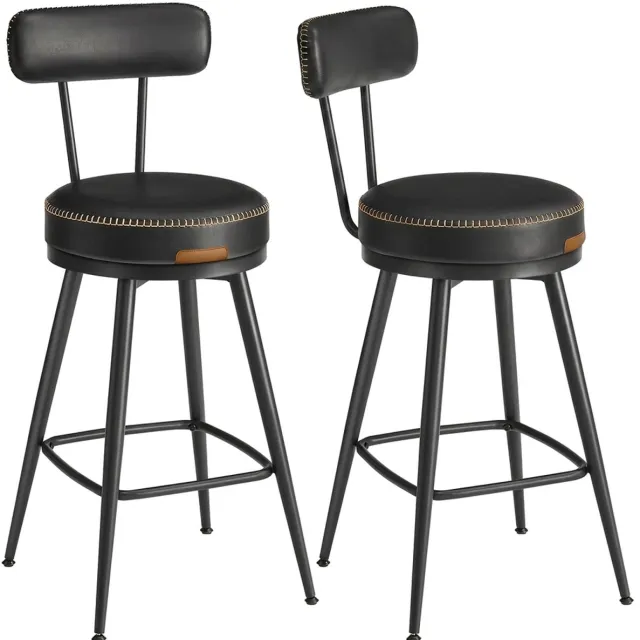 Vasagle Barkruk - Set van 2 - Hoge Draaibare Barkrukken met Rugleuning - Kunstleer - Voor Keuken en Bar Zwart