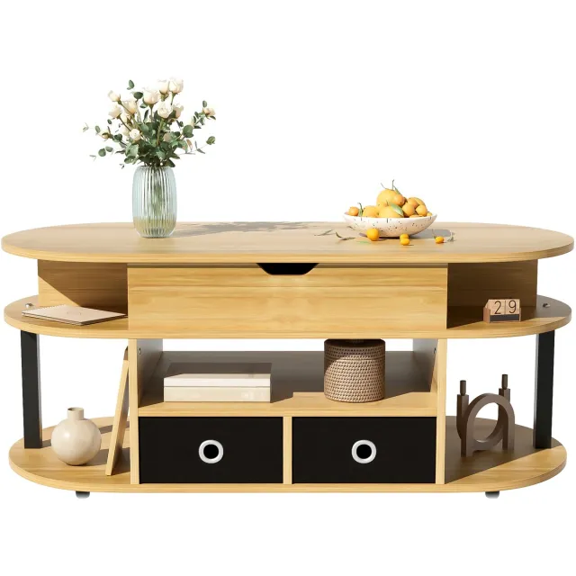 Clruro Moderne Salontafel met Houtlook - Verstelbare Hoogte - Opbergruimte en Zwarte Stofladen - Multifunctioneel - Hout - Bruin