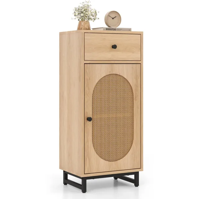 Costway Nachtkastje rotan met deur en lade, boho bijzettafel met verstelbare plank en voetkussens, smalle rotankast voor woonkamer, slaapkamer, hal, 40 x 30 x 91 cm, naturel
