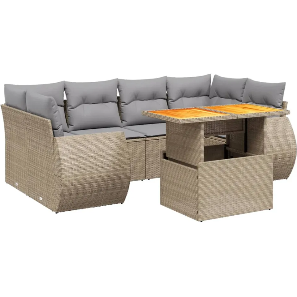 vidaXL 7-delige Loungeset met kussens poly rattan beige, foto 3