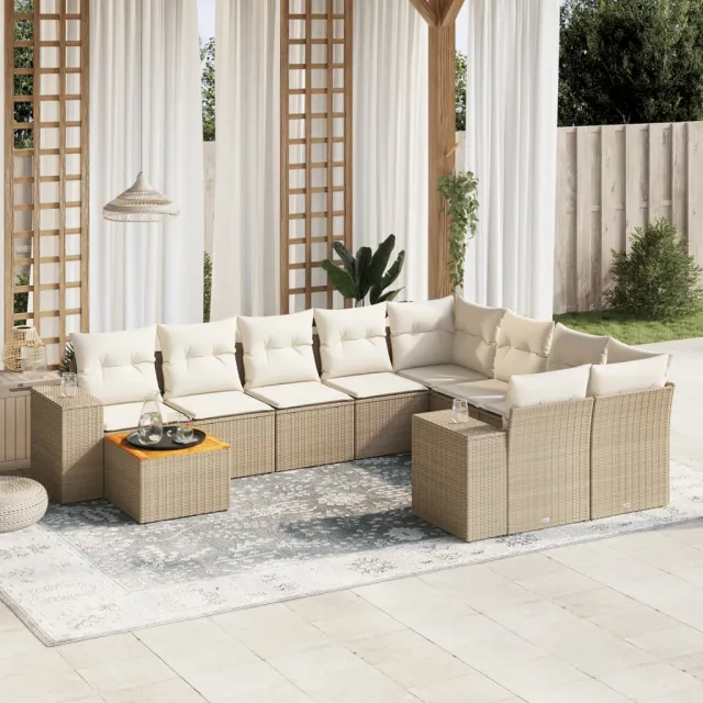vidaXL 10-delige Loungeset met kussens poly rattan beige, foto 2