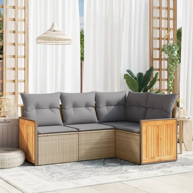 vidaXL 4-delige Loungeset met kussens poly rattan beige, foto 2