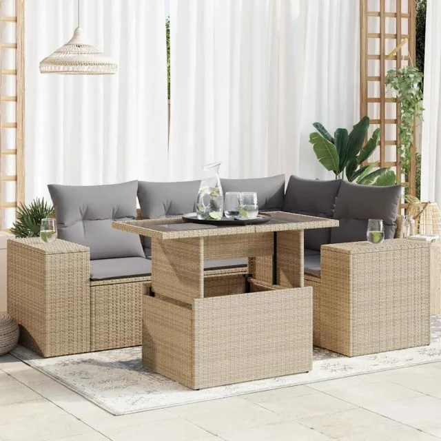 vidaXL 5-delige Loungeset met kussens poly rattan beige, foto 2