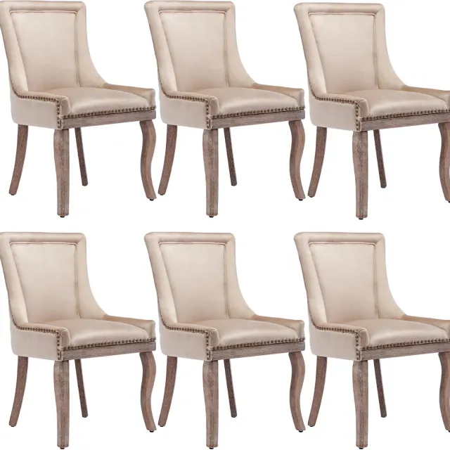 in& out door furniture Luxe eetkamerstoel (Keukenstoel woonkamerstoel, 6 stuks), gestoffeerde stoel met nagelkopversiering, massief houten poten, bekleding van fluweel, beige