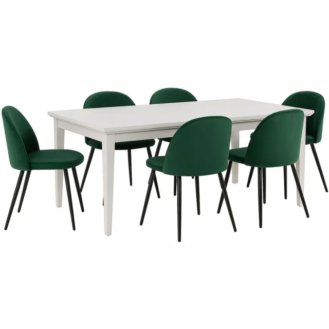 Tvilum Venedig eethoek eettafel wit 95x180/276 met 2 stuks extra plaat 6 stoelen velours groen.